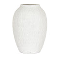 Off-white vase with a rounded upright body, sloping shoulders and shallow vertical markings on a white background.