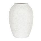 Off-white vase with a rounded upright body, sloping shoulders and shallow vertical markings on a white background.