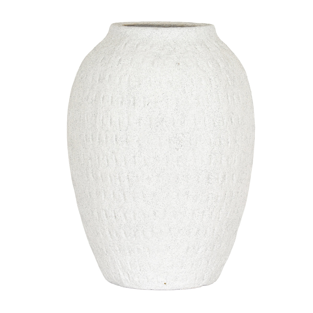 Off-white vase with a rounded upright body, sloping shoulders and shallow vertical markings on a white background.