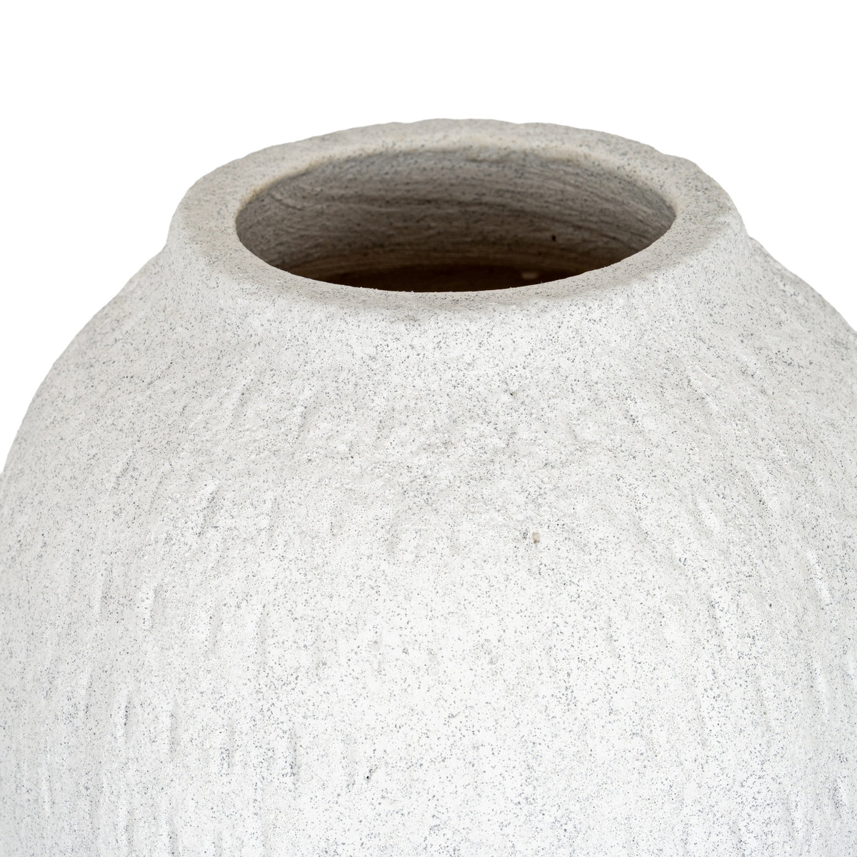 Close view of the vase's broad open mouth and short neck, showing grey speckles across the shoulders.