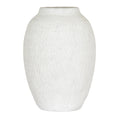 Off-white vase with an elongated rounded body, sloping shoulders and fine vertical marks against a white background.