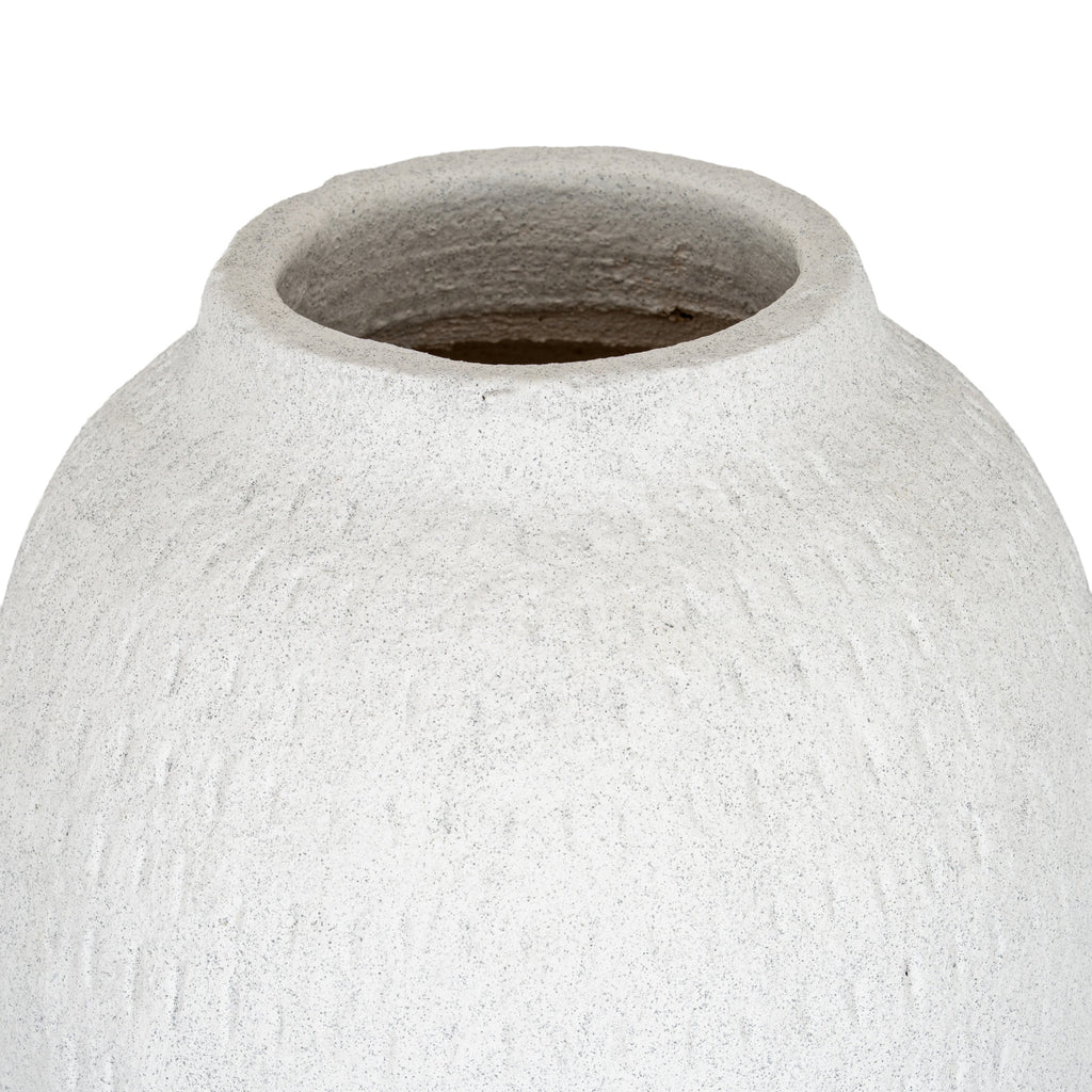 Close view of the vase's wide open mouth and short neck, showing the textured interior and grey-speckled shoulders.
