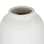 Close view of the vase's wide open mouth and short neck, showing the textured interior and grey-speckled shoulders.