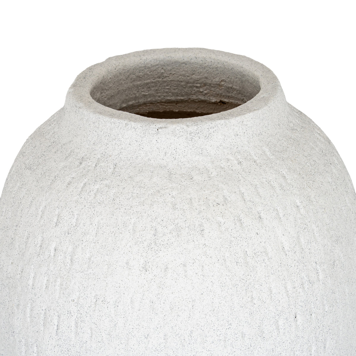 Close view of the vase's wide open mouth and short neck, showing the textured interior and grey-speckled shoulders.