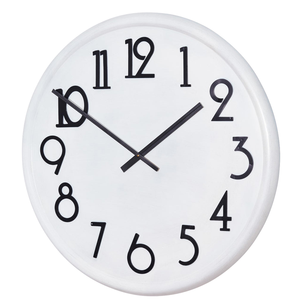 Full front view of a round white wall clock with large elongated black numerals, straight black hands and a rounded white rim.