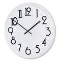 Full front view of a round white wall clock with large elongated black numerals, straight black hands and a rounded white rim.