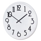 Full front view of a round white wall clock with large elongated black numerals, straight black hands and a rounded white rim.