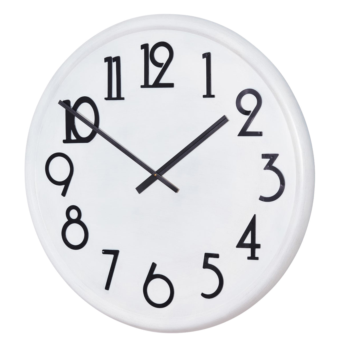 Full front view of a round white wall clock with large elongated black numerals, straight black hands and a rounded white rim.