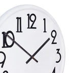 Close-up of the white clock face showing the tall black numerals around the upper edge, crossing black hands and rounded rim.