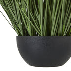 Detail of the rounded black pot's textured surface beneath tightly grouped green grass blades.