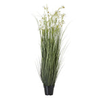 Full view of a tall artificial arrangement with upright grey-green grass and scattered white flowers in a black tapered pot.