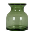 Green glass vase on a white background, showing its rounded shoulders, narrow neck, wide dark flared rim and thick circular base.