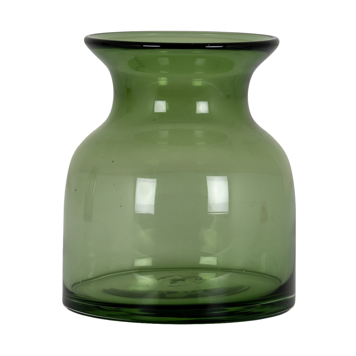 Green glass vase on a white background, showing its rounded shoulders, narrow neck, wide dark flared rim and thick circular base.