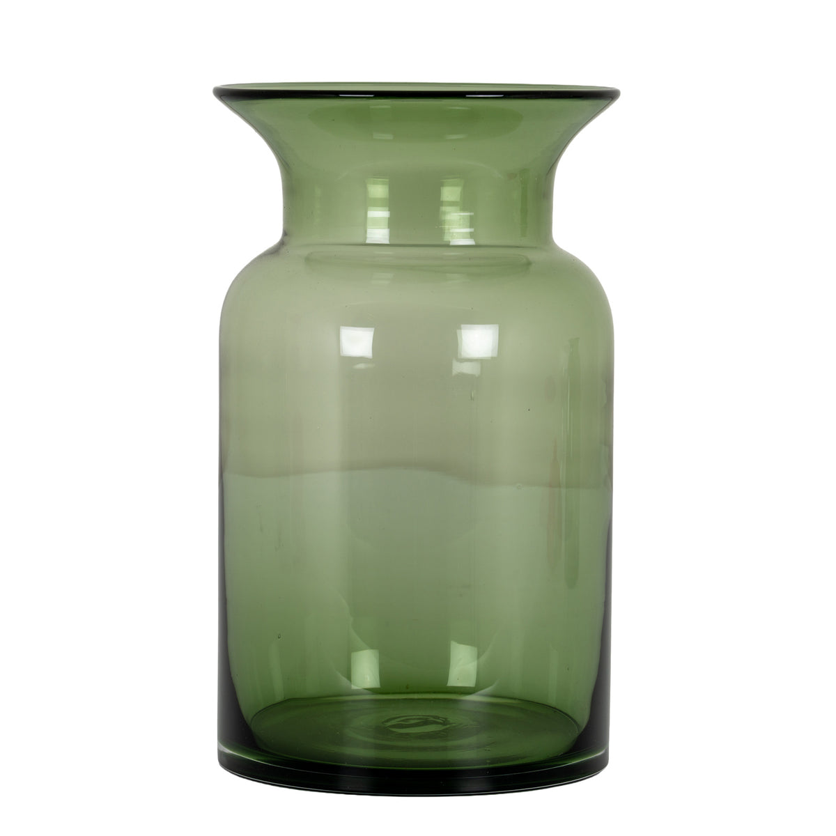 Green glass vase on a white background, with straight sides, rounded shoulders, a narrow neck and a wide flared rim above a darker circular base.