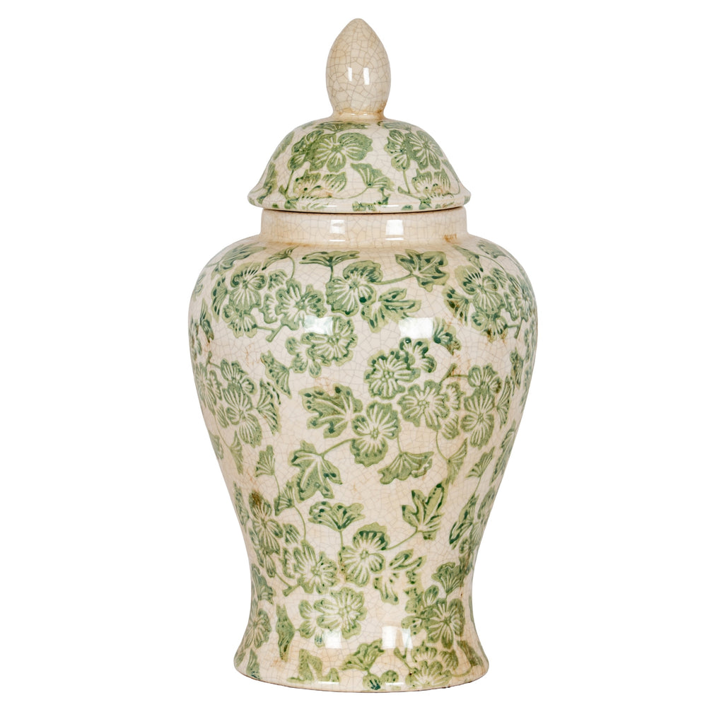 Green floral ginger jar with its domed lid in place, showing a cream-white crackle finish and waisted body against white.
