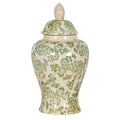 Green floral ginger jar with its domed lid in place, showing a cream-white crackle finish and waisted body against white.