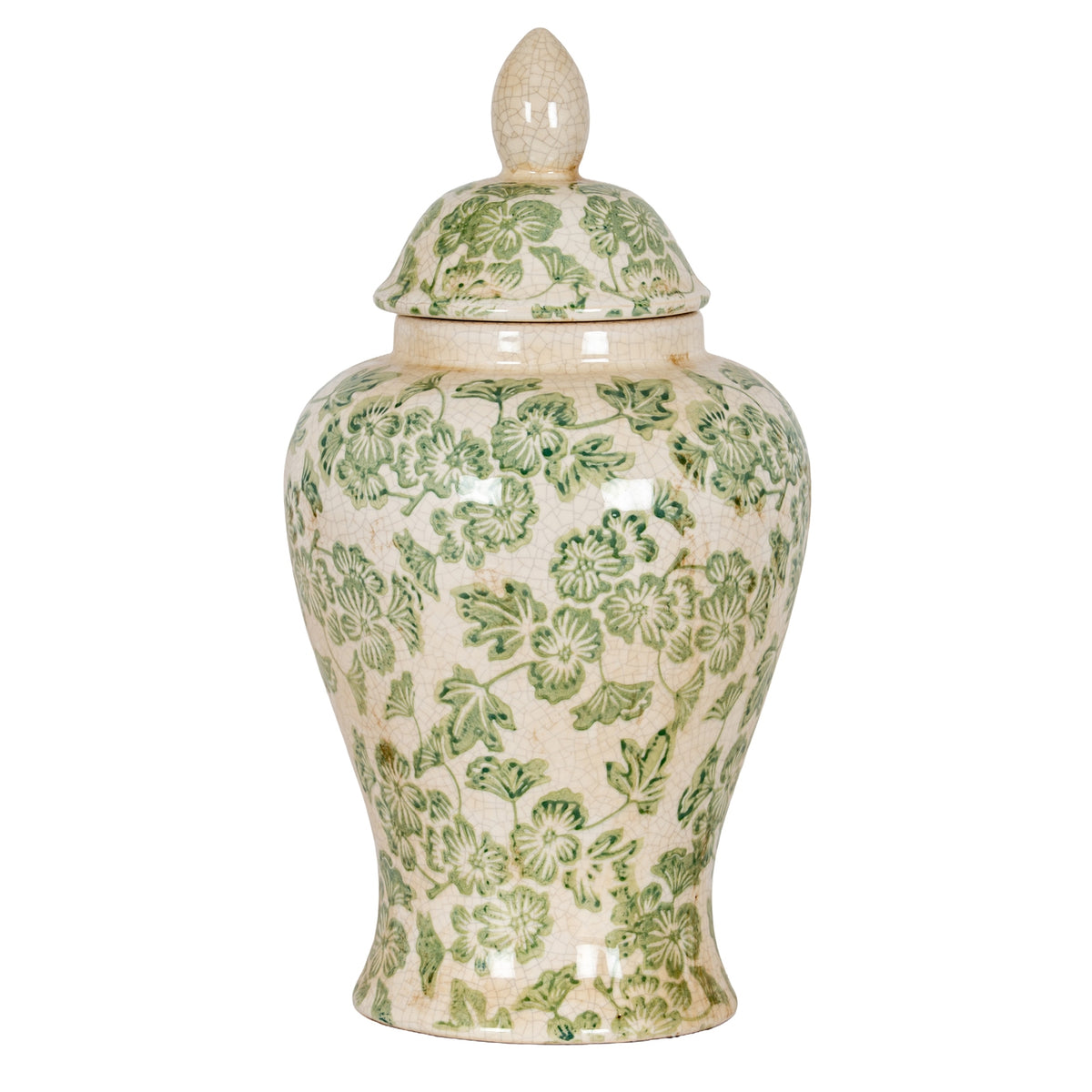 Green floral ginger jar with its domed lid in place, showing a cream-white crackle finish and waisted body against white.