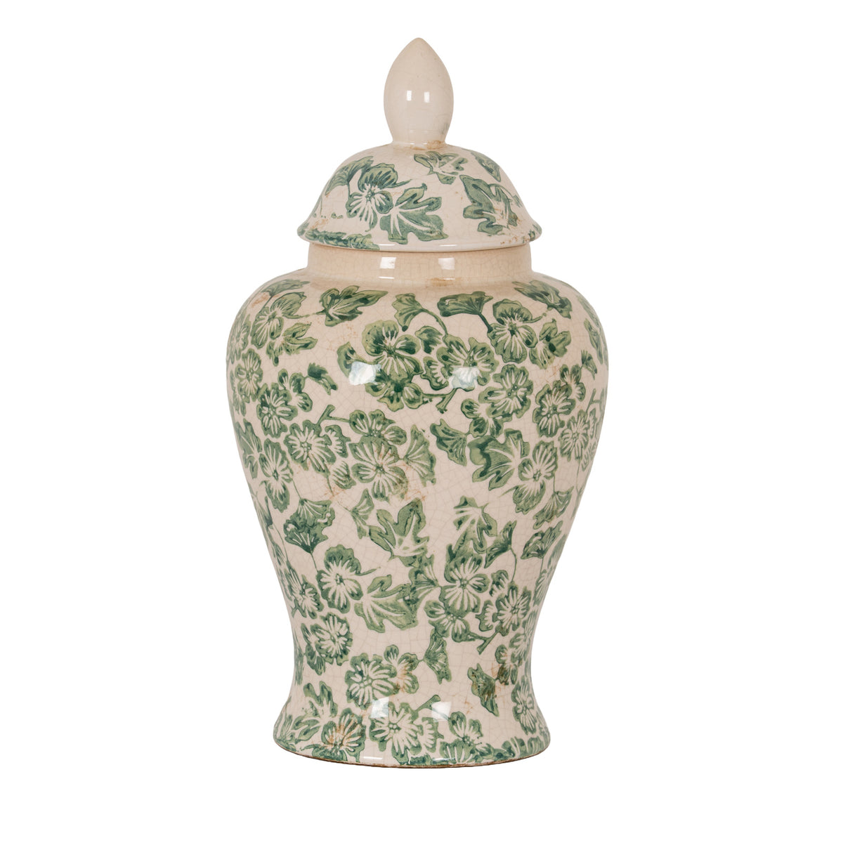 Cream ginger jar covered in green flowers and leaves, with a crackle-effect surface, domed lid and tall cream knob, shown against white.