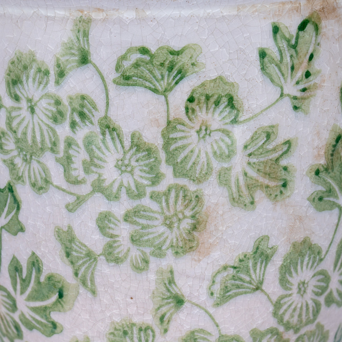 Detail of pale green flowers and curling leaves with darker green accents, fine crackling and tan marks on a cream-white background.