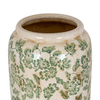 Close view of the vase opening and rolled rim, showing fine crackle lines, tan markings and green floral decoration below the shoulder.