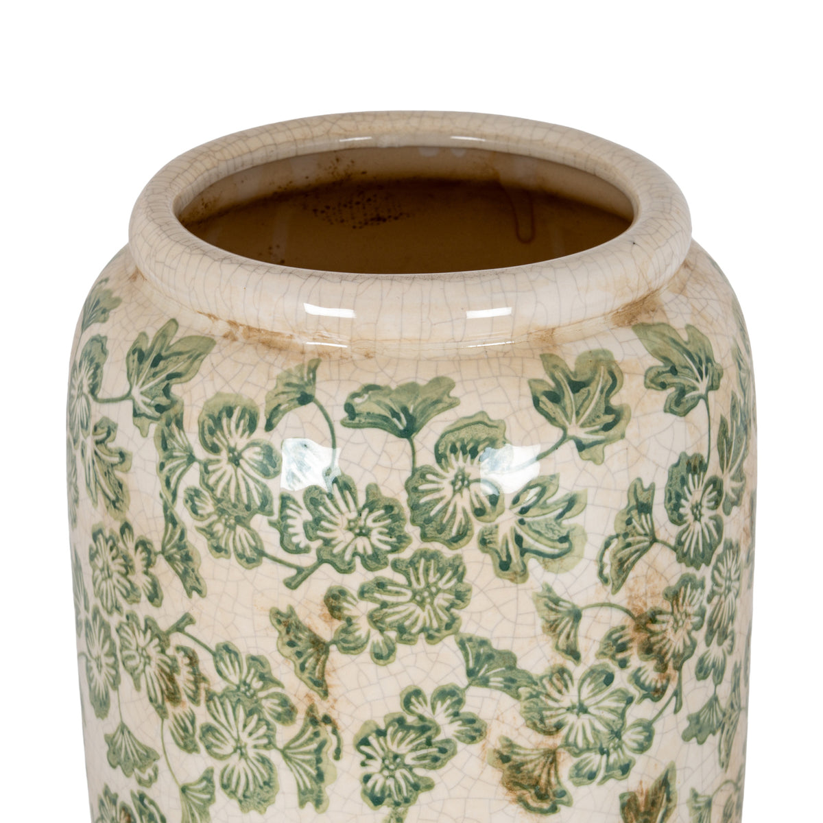 Close view of the vase opening and rolled rim, showing fine crackle lines, tan markings and green floral decoration below the shoulder.
