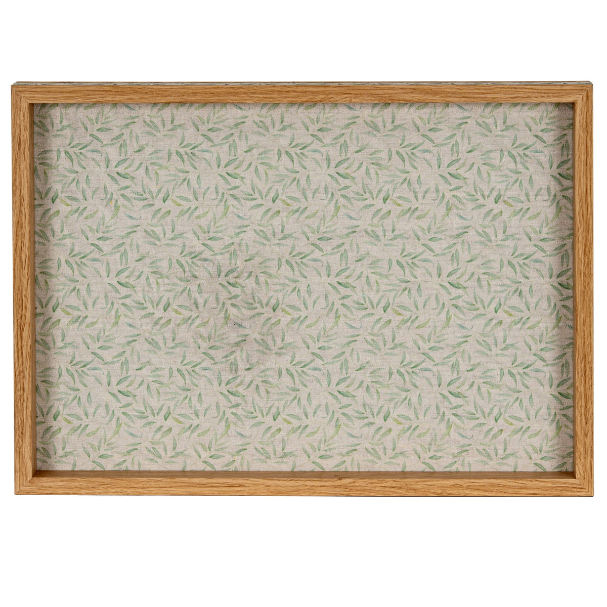 Overhead view of the Green Leafbase Tray, showing scattered green leaves across the pale base within a rectangular wood-tone rim.