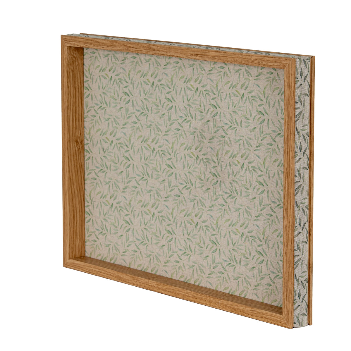 Tray shown upright at an angle, with the green leaf-patterned interior framed by warm wood-tone edges.
