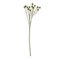 Full view of a green artificial flower stem with slender branches and small spherical heads against a white background.