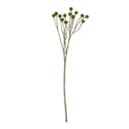 Full view of a green artificial flower stem with slender branches and small spherical heads against a white background.