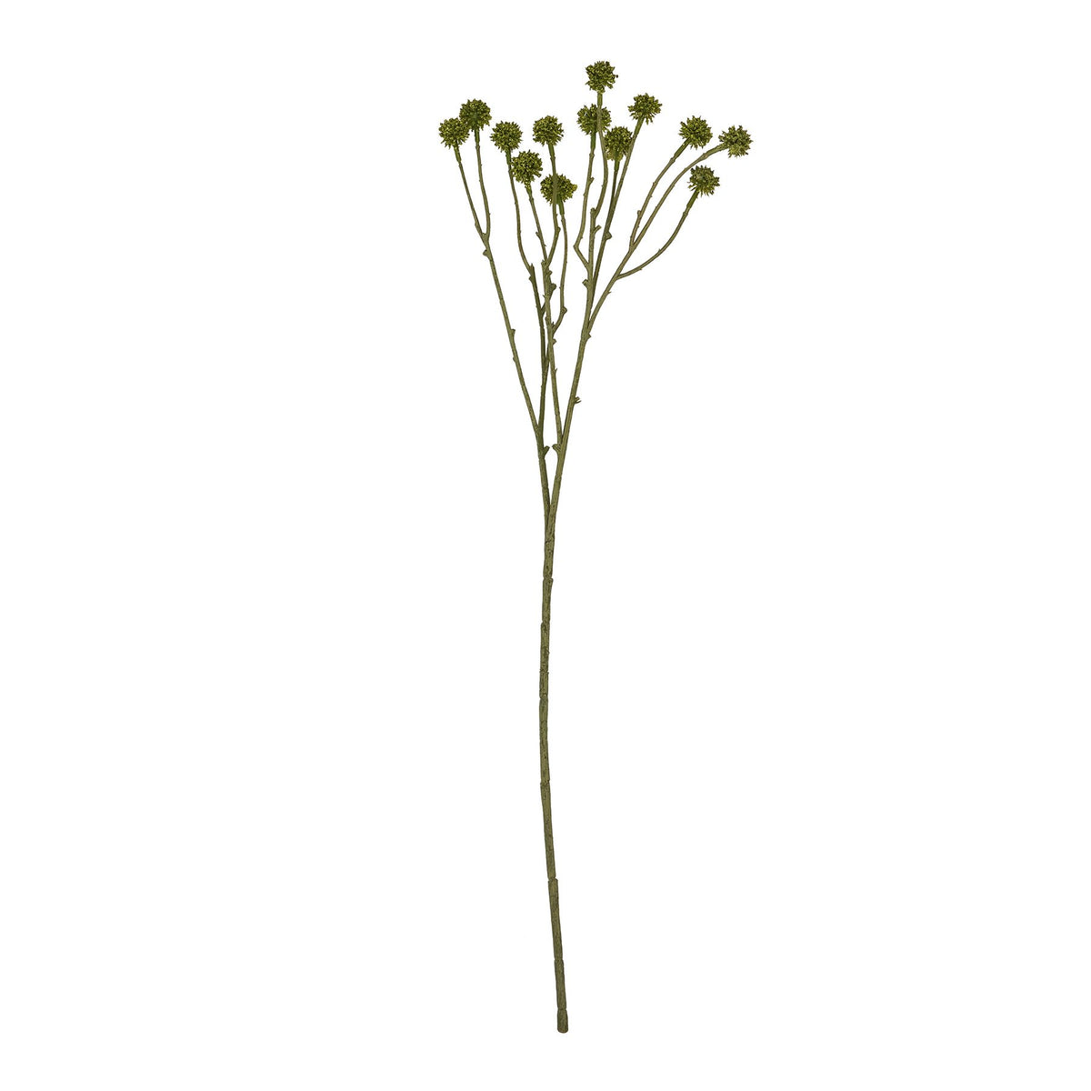 Full view of a green artificial flower stem with slender branches and small spherical heads against a white background.