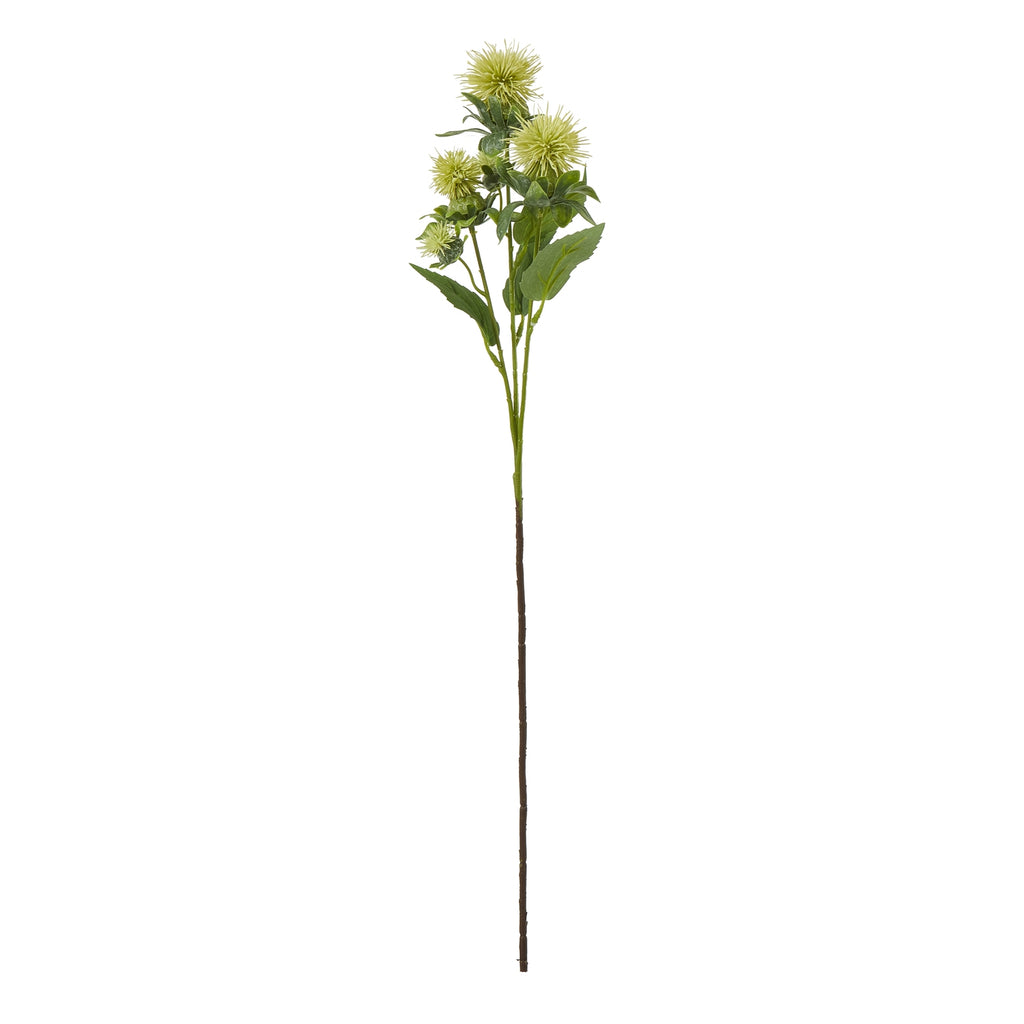 Full view of a green artificial botanical spray with pale yellow-green spiky heads, branching foliage and a long brown lower stem on white.