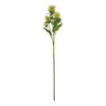 Full view of a green artificial botanical spray with pale yellow-green spiky heads, branching foliage and a long brown lower stem on white.