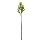 Full view of a green artificial botanical spray with pale yellow-green spiky heads, branching foliage and a long brown lower stem on white.
