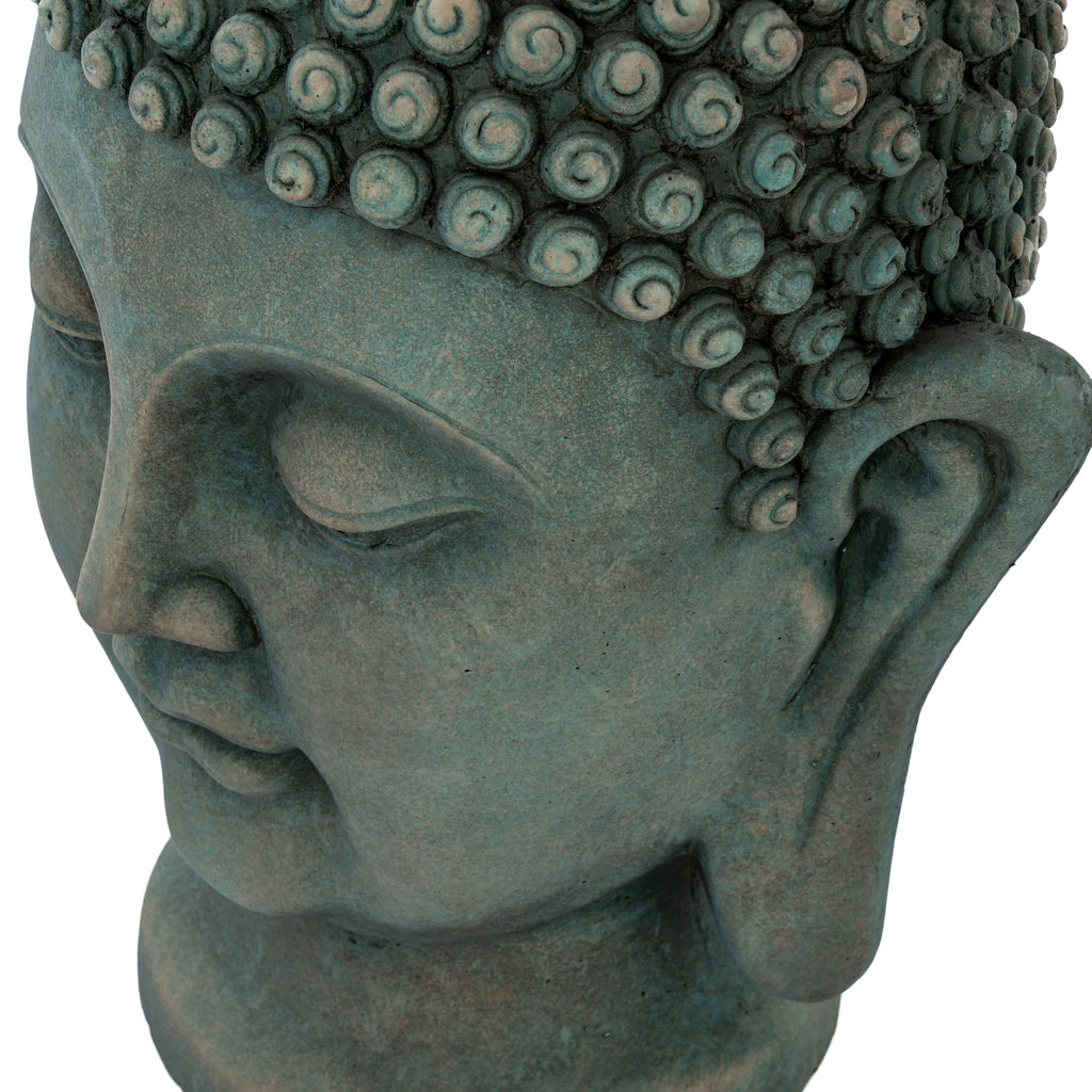 Close-up of the Buddha head showing raised spiral curls above the lowered eye and the green surface with brown-toned mottling.