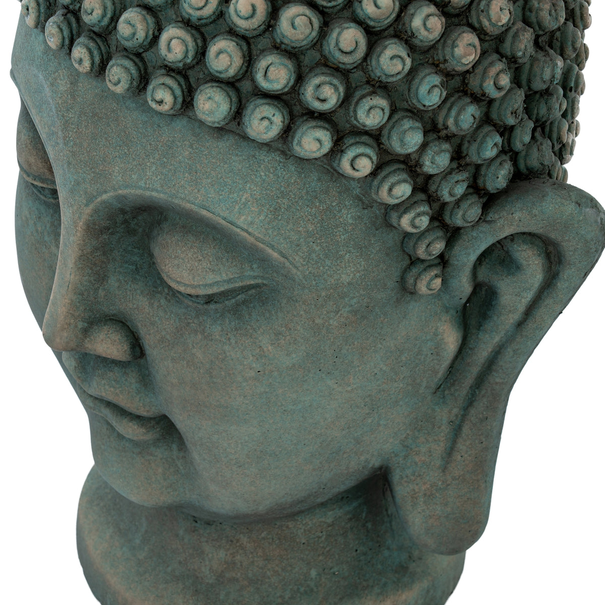 Close-up of the Buddha head showing raised spiral curls above the lowered eye and the green surface with brown-toned mottling.