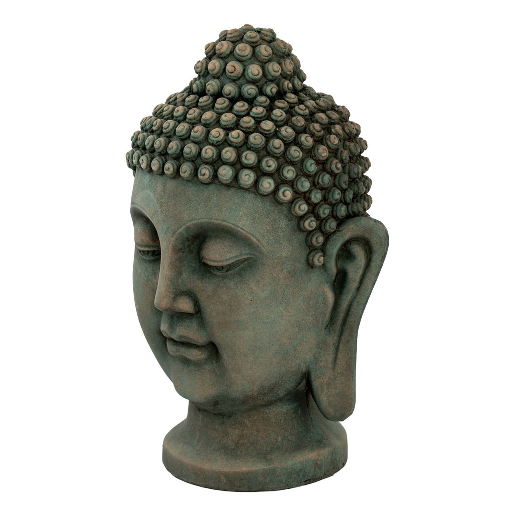 Three-quarter view of a mottled green Buddha head sculpture with raised spiral curls, an elongated ear and rounded neck base.