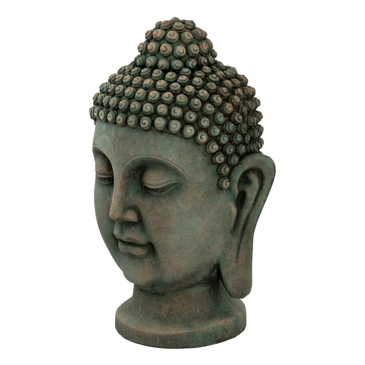 Three-quarter view of a mottled green Buddha head sculpture with raised spiral curls, an elongated ear and rounded neck base.