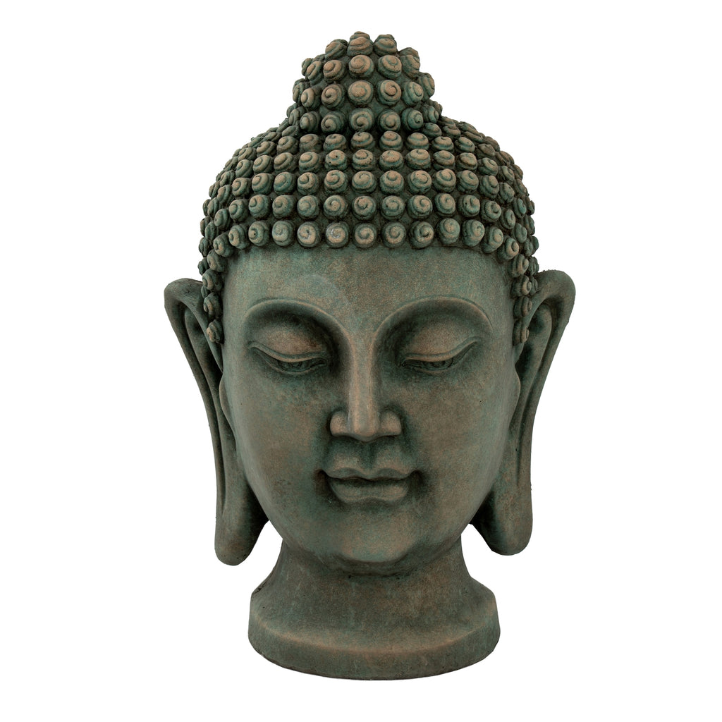 Front view of the green Buddha head sculpture showing its calm face, symmetrical elongated ears and curled topknot.