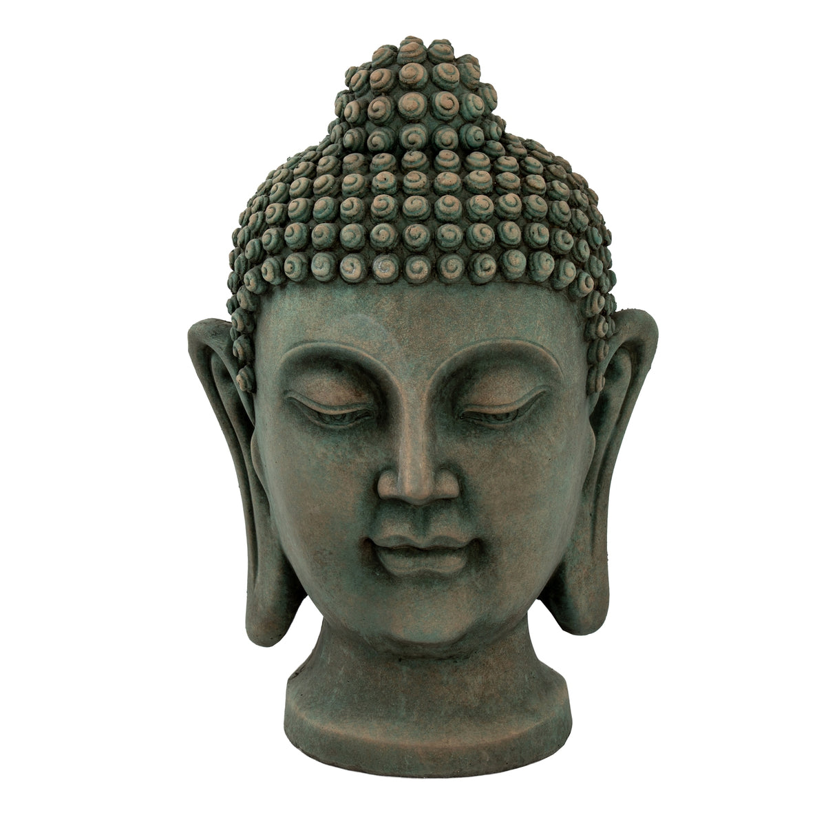 Front view of the green Buddha head sculpture showing its calm face, symmetrical elongated ears and curled topknot.