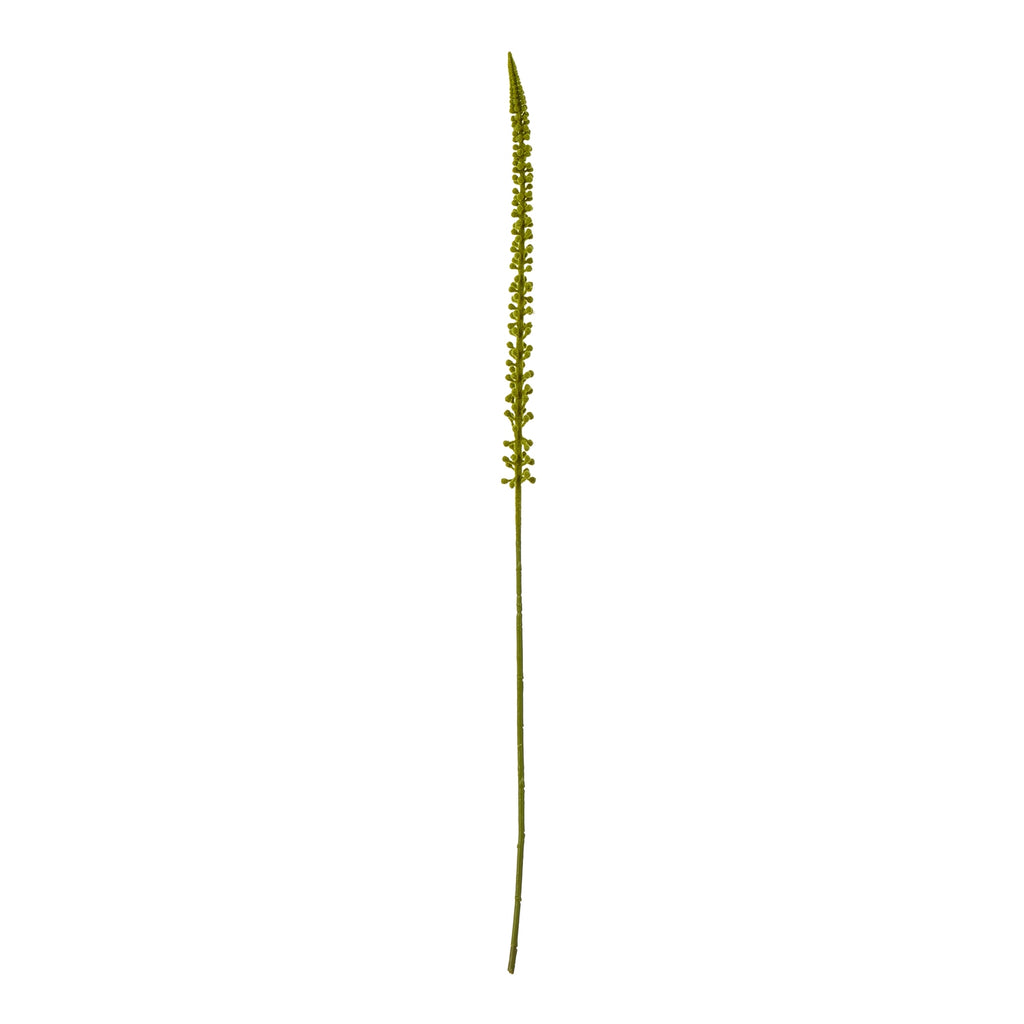 Full view of a slender green artificial stem with a narrow tapering flower spike against a white background.