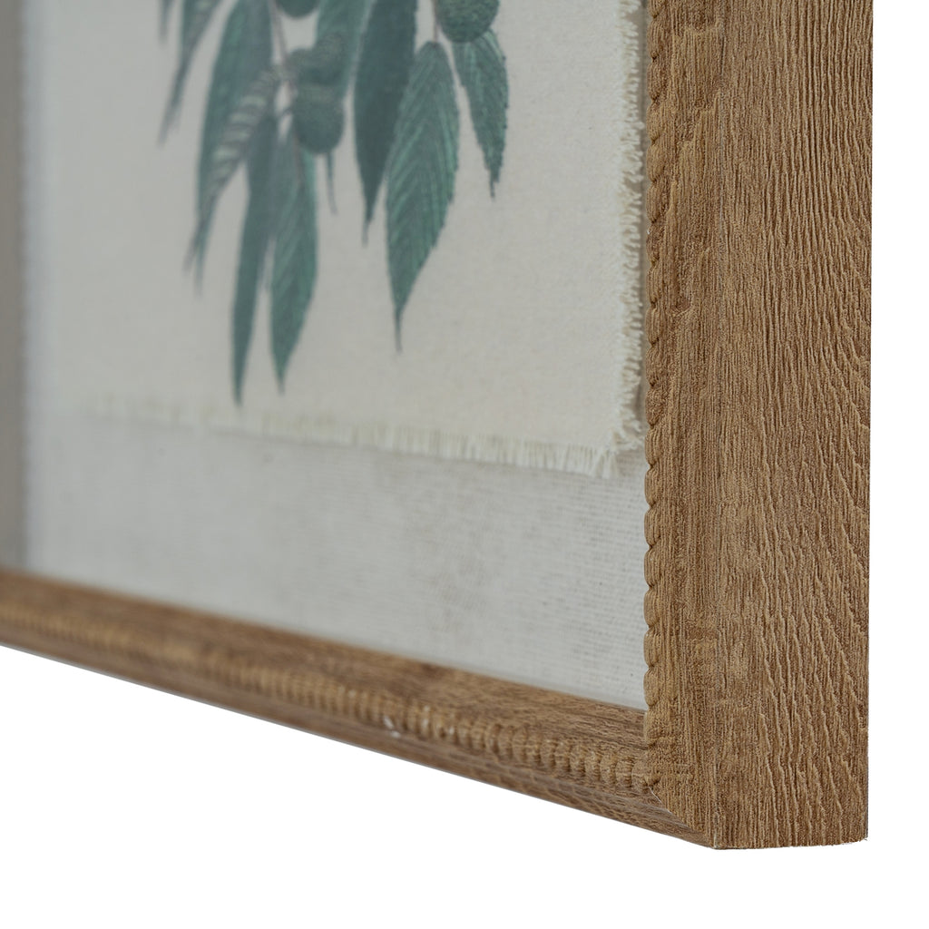 Angled close-up of the lower right frame corner, showing its tan textured surface and beaded inner edge beside the pale surround and fringed-looking picture edge.