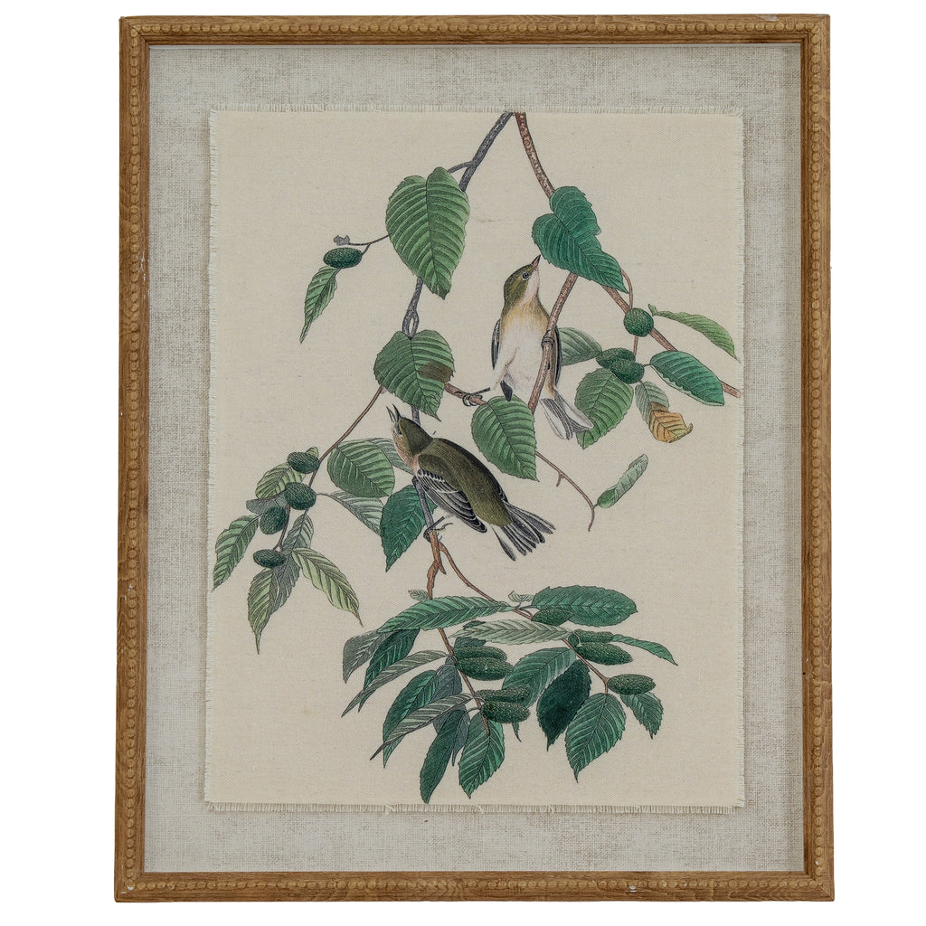 Front view of a portrait framed print showing two olive and pale birds among green leaves and fruit, with a broad pale surround and tan-gold beaded frame.