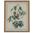 Front view of a portrait framed print showing two olive and pale birds among green leaves and fruit, with a broad pale surround and tan-gold beaded frame.