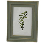 Front view of a green-grey rectangular photo frame with a layered surround, thin gold-tone lines and a leafy botanical insert marked 4 x 6 inches.