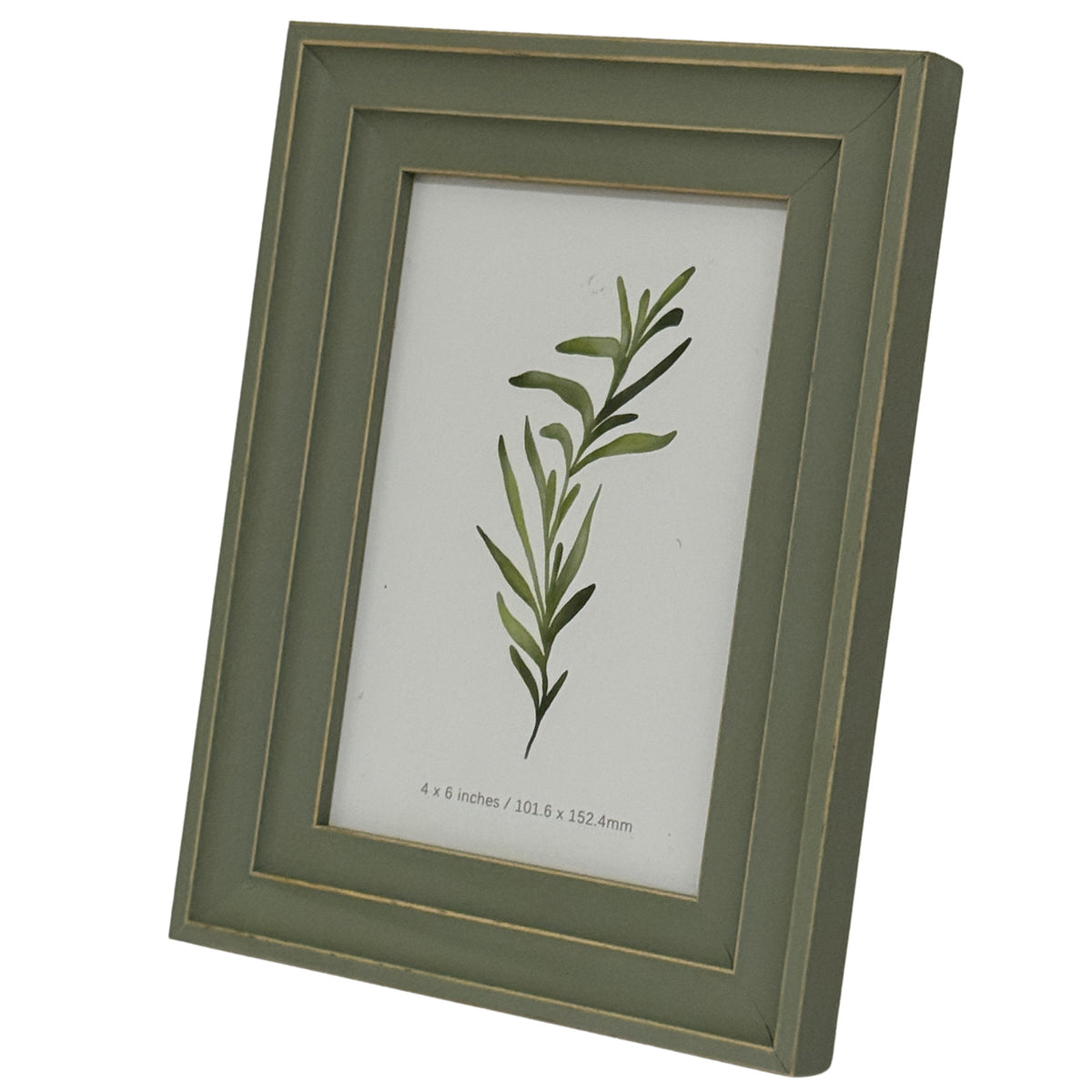 Angled view of the green-grey photo frame showing its stepped profile and right edge, with gold-tone lines and a botanical insert marked 4 x 6 inches.