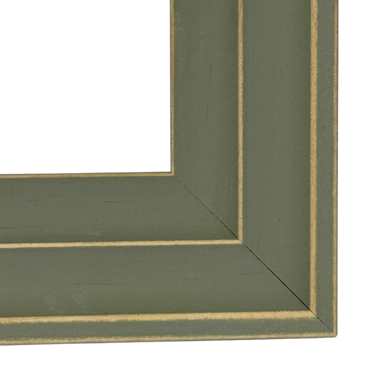 Close-up of the frame's lower right corner, where thin gold-tone lines trace the stepped green-grey surround.