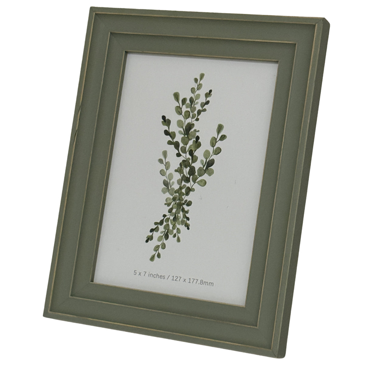 Angled view of the green-grey photo frame showing its squared layered border, gold-tone outlines and leafy botanical insert.