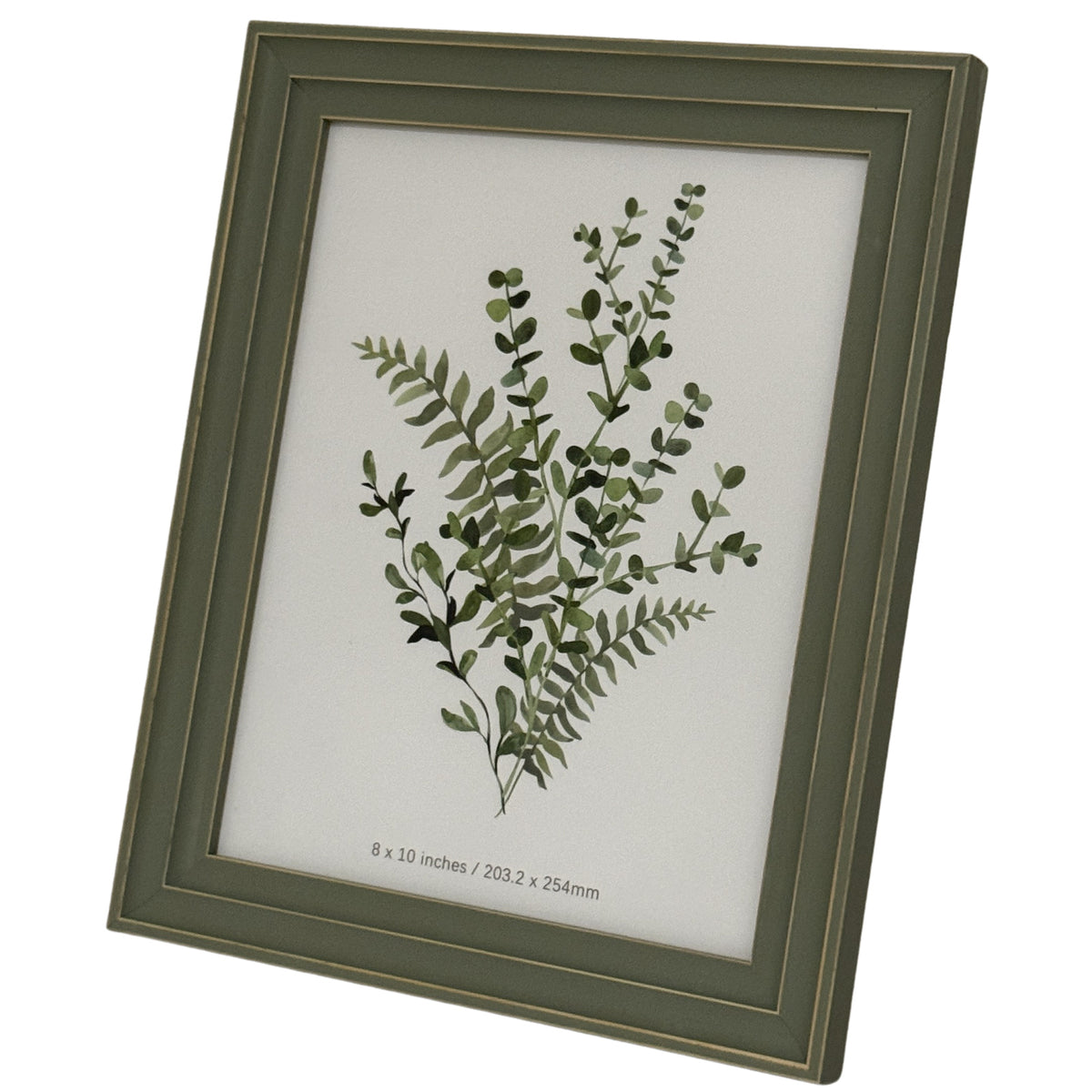 Angled front view of the green-grey rectangular photo frame, with a layered gold-tone lined surround and a botanical printed insert.