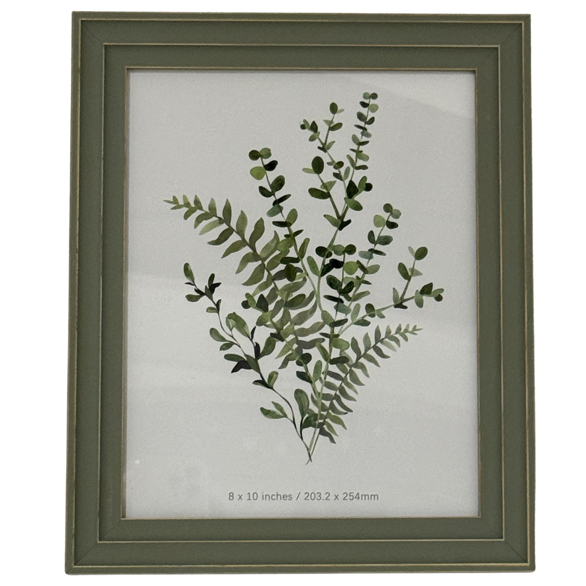 Straight-on view of the photo frame showing its squared, layered green-grey border around a printed arrangement of leafy stems.