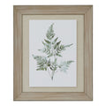 Front view of portrait fern artwork with branching green fronds on white, a beige surround and a broad washed-brown frame.